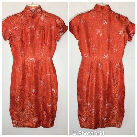 Vintage 60s Red Brocade Asian Chinese Cheongsam Dress Qipao Traditional (T3) - Picture 1 of 16